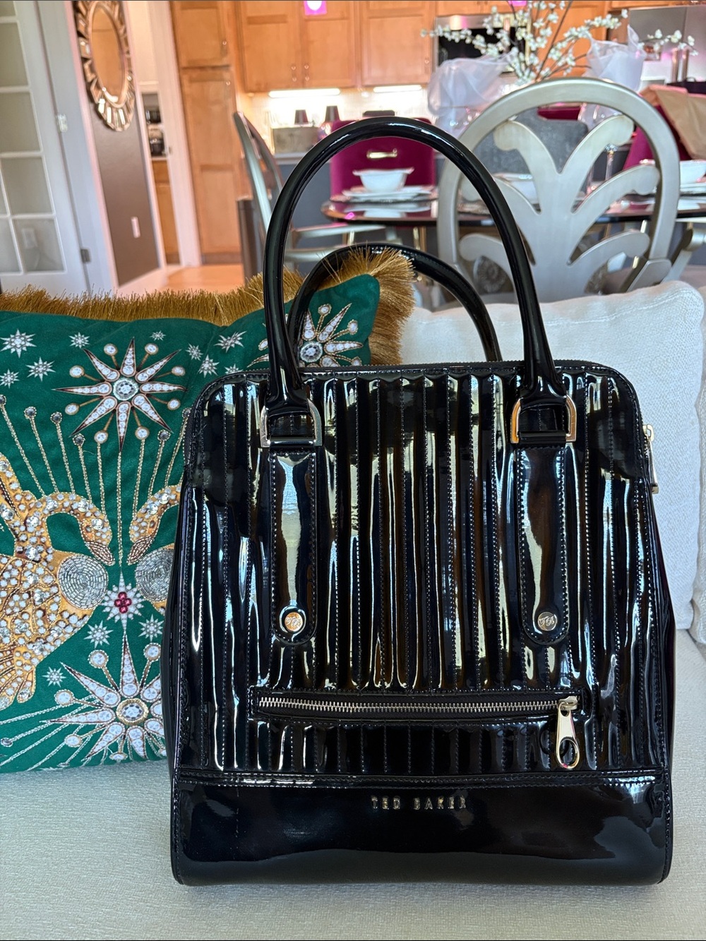 Ted Baker Triple-Zip Top Black PatentTote with Floral Lining!
